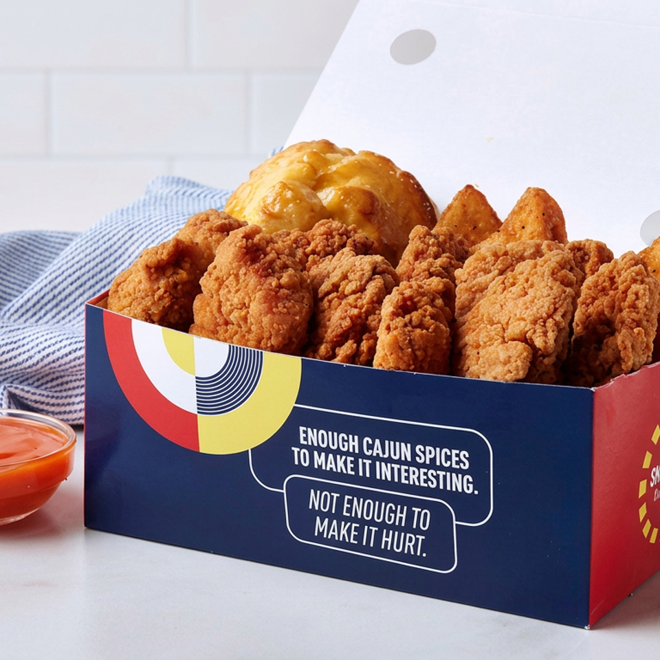 Box of crispy fried chicken, potato wedges, and a biscuit beside a bowl of dipping sauce on a countertop.