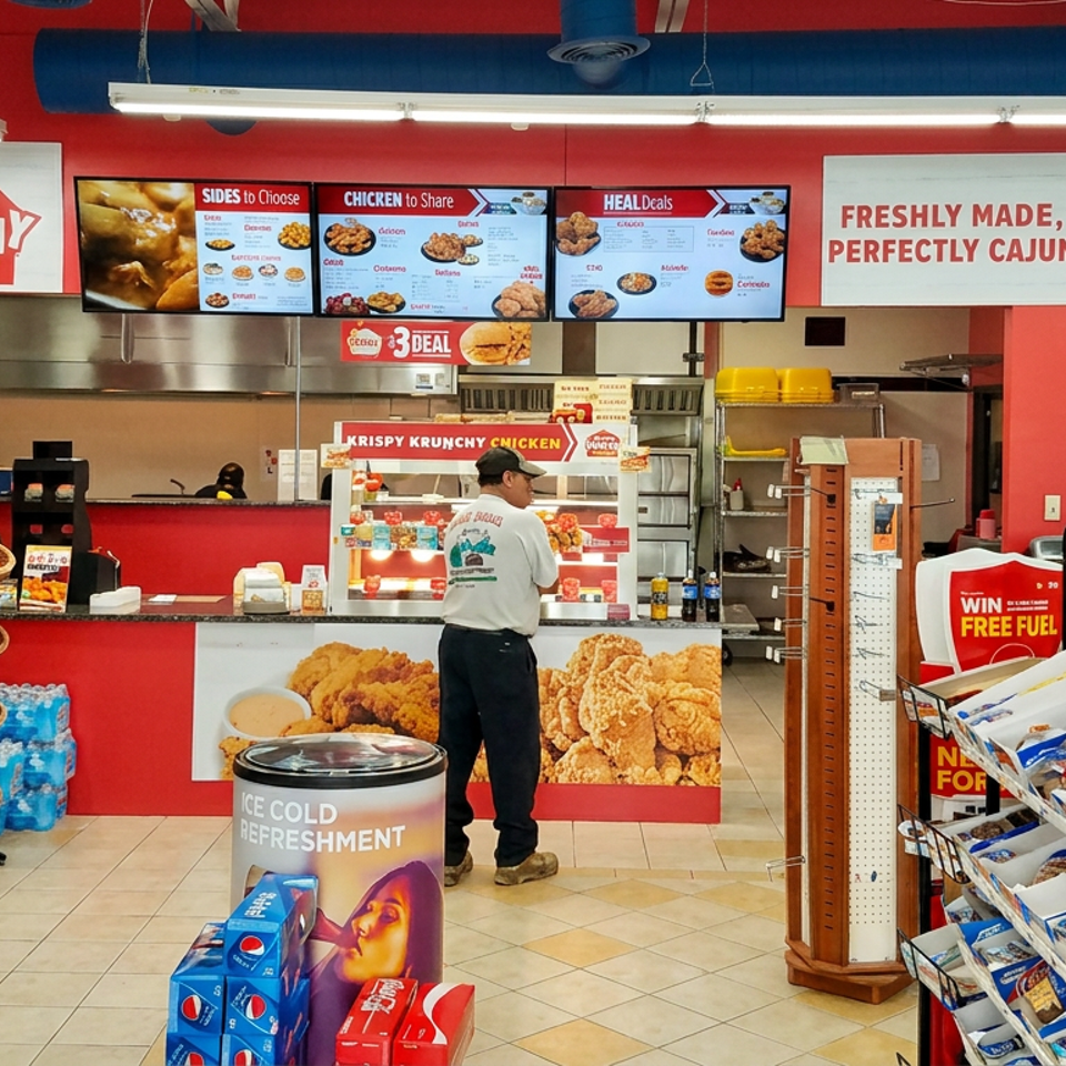 Bright Krispy Krunchy Chicken counter displays Cajun menu boards, fried chicken imagery, snacks, drinks, and a customer ordering.