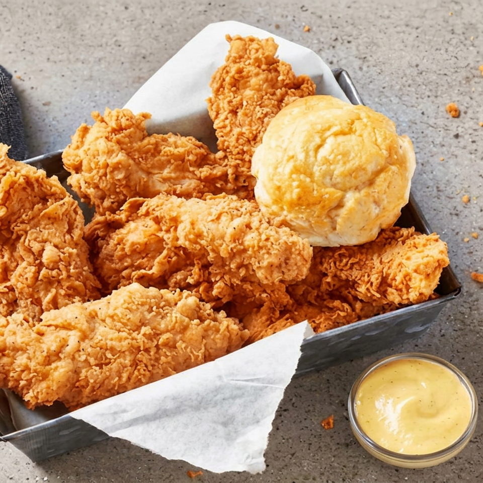 Basket of crispy fried chicken tenders with biscuits and dipping sauce on a rustic countertop.