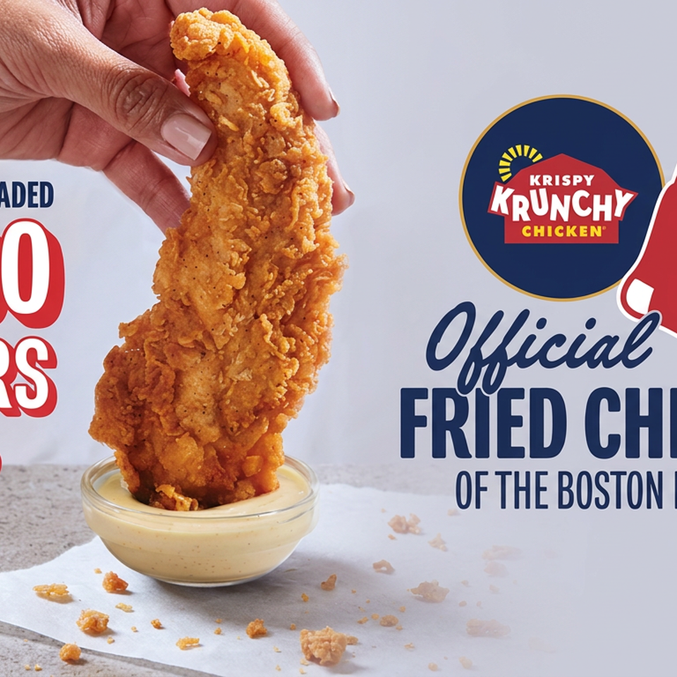 Hand holds a jumbo breaded chicken tender above dipping sauce in a Krispy Krunchy Chicken Boston Red Sox advertisement.