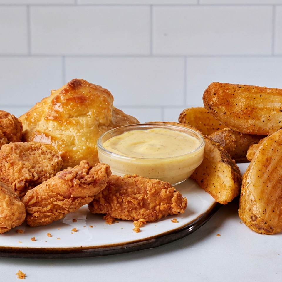 Plate of crispy fried chicken tenders with seasoned potato wedges, biscuit, and dipping sauce against a tiled backdrop.