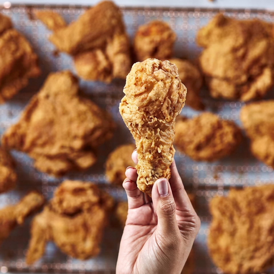 Hand holding a crispy fried chicken drumstick above a cooling rack filled with golden fried chicken pieces.