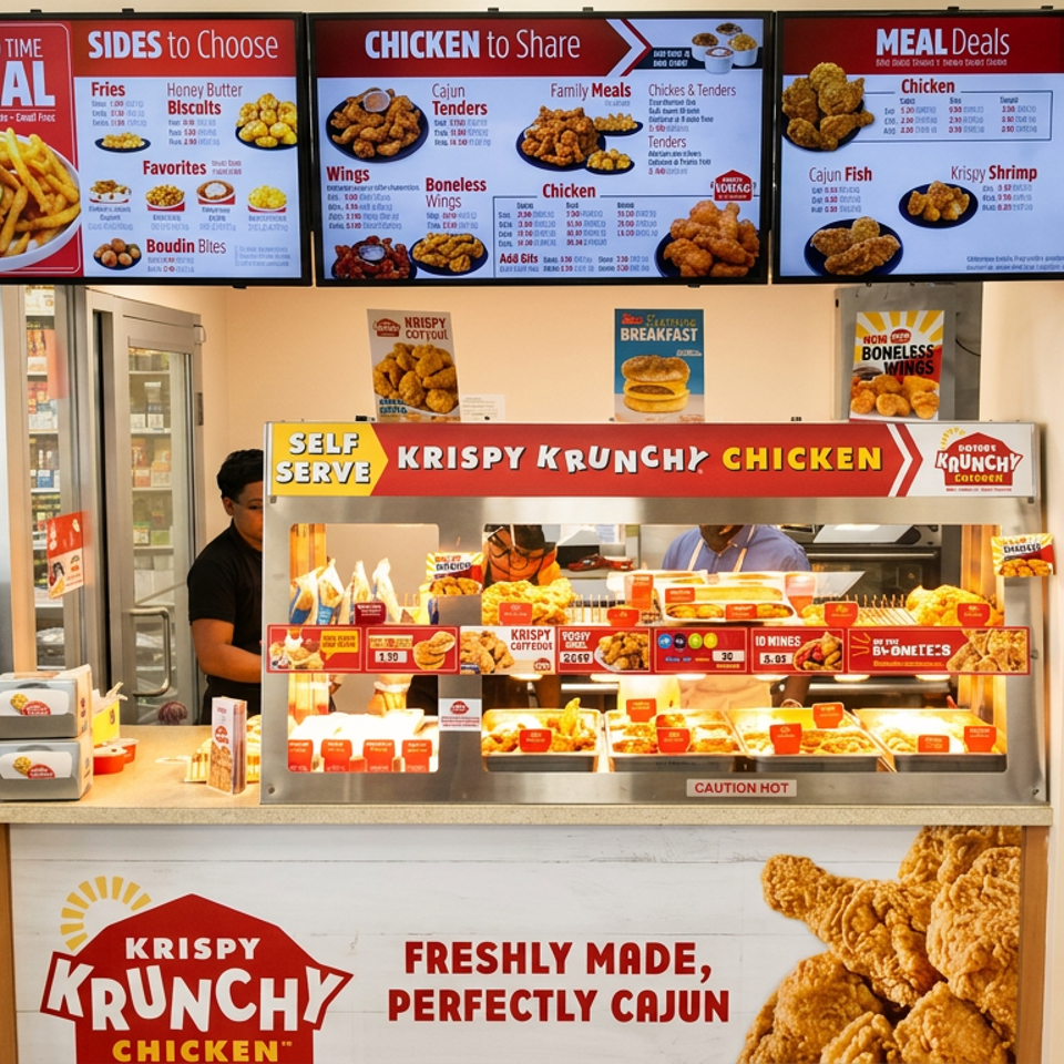 Krispy Krunchy Chicken counter displaying fried chicken, sides, and menu boards, with a customer standing nearby.
