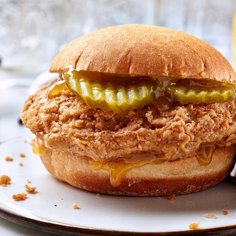 Crispy fried chicken sandwich with pickles and sauce on a plate, accompanied by a drink and dark napkin.