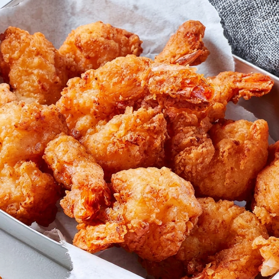 Basket of golden-brown fried shrimp and chicken pieces lined with parchment on a tabletop.