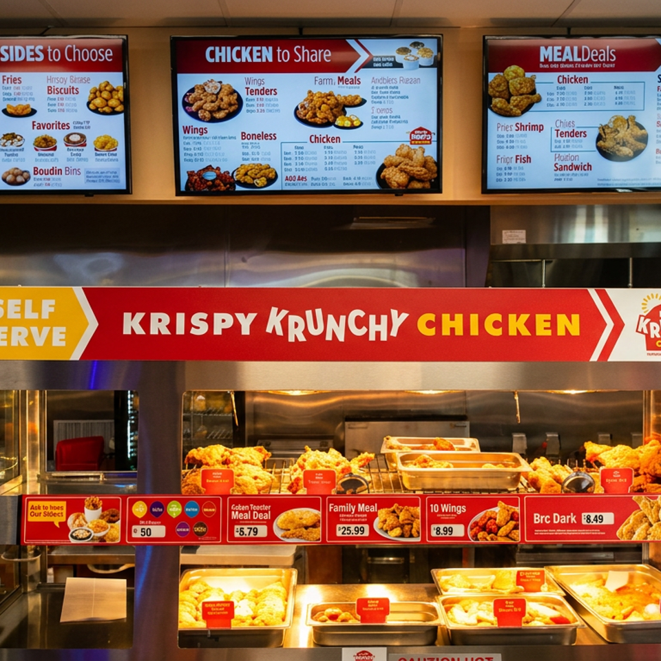 Restaurant counter displays self-serve Krispy Krunchy Chicken, fried chicken trays, meal deals, and menu screens.