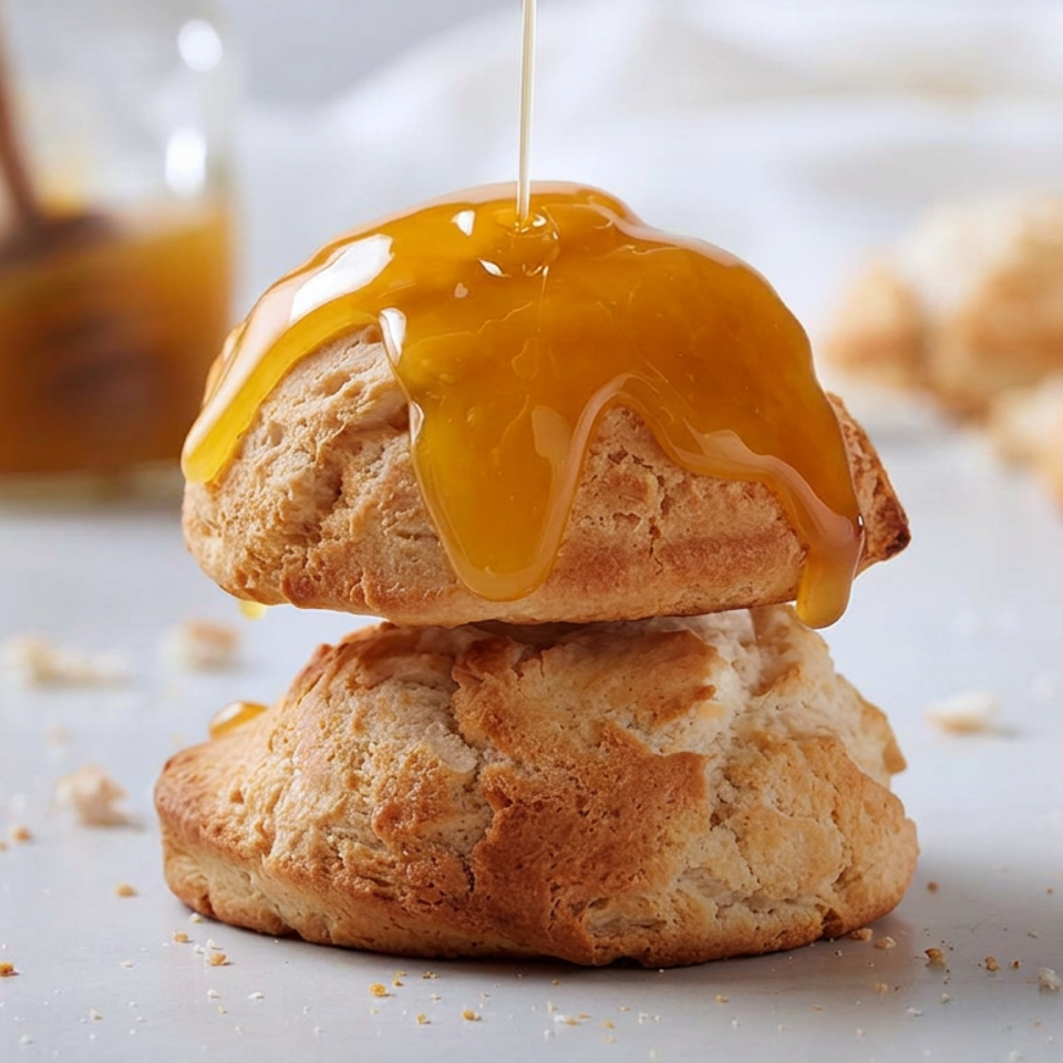 Two rustic biscuits stacked with golden honey drizzling over the top, crumbs scattered across a table and more biscuits in the background.