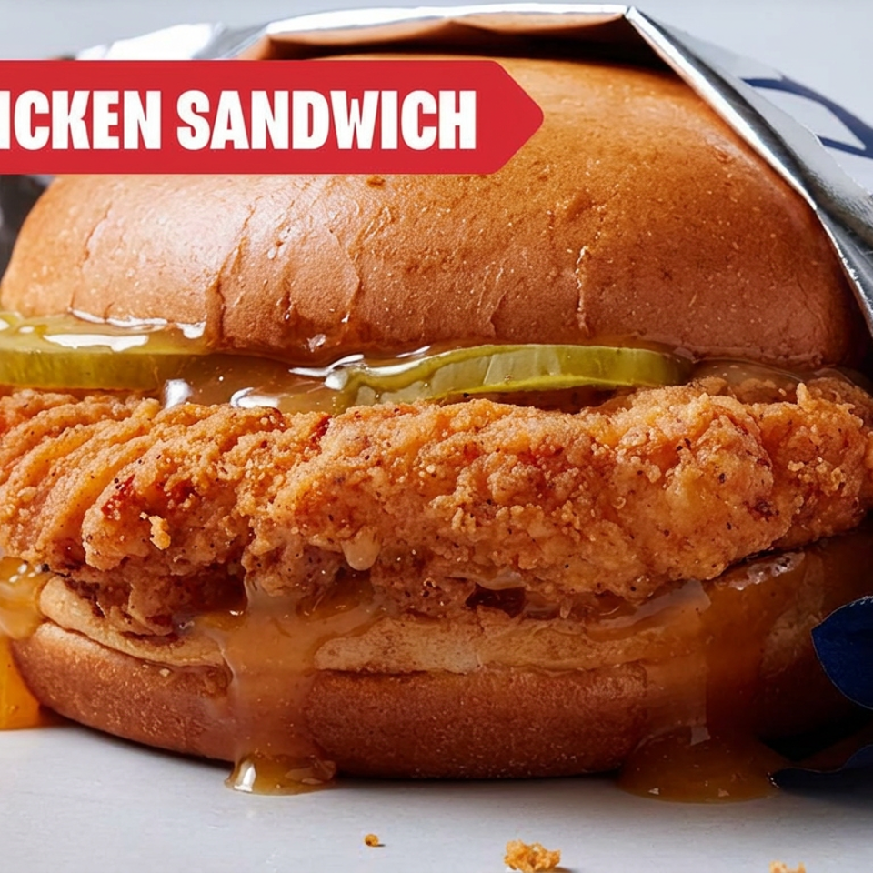 Crispy fried chicken sandwich with pickles and sauce on a toasted bun, partially wrapped in blue-and-white paper.