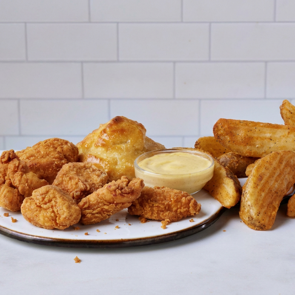 Plate of crispy fried chicken, a golden biscuit, seasoned potato wedges, and creamy dipping sauce on a marble counter.