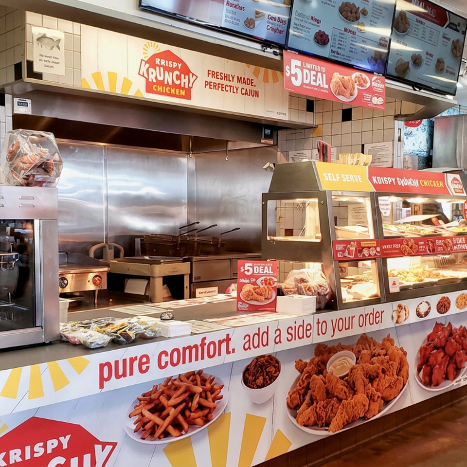 Krispy Krunchy Chicken counter displaying fried chicken, wings, fries, self-service warmers, menu boards, and refrigerated drinks.