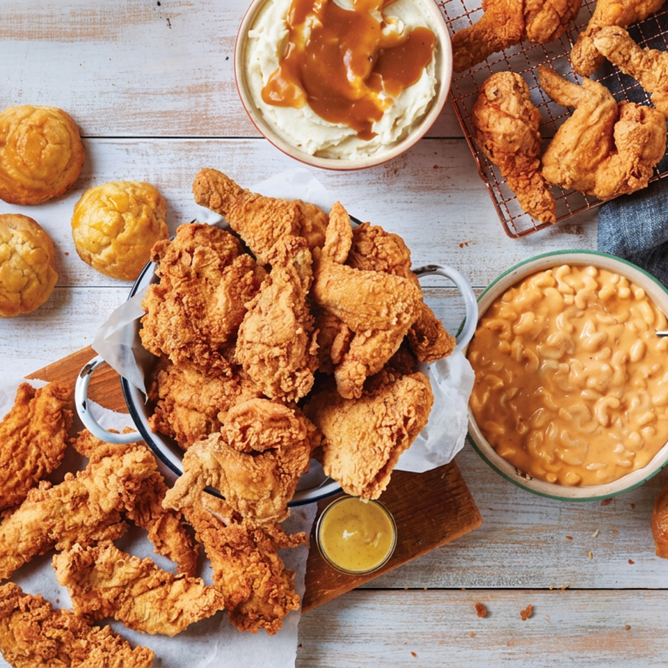 Overhead spread of golden fried chicken, biscuits, mashed potatoes with gravy, macaroni and cheese, and dipping sauces on a rustic table.