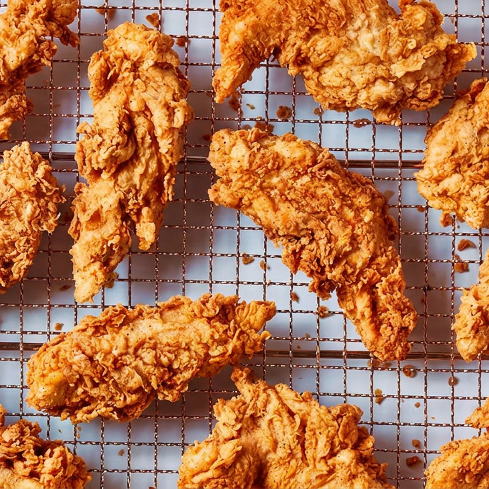 Golden-brown pieces of crispy fried chicken cooling on a wire rack.