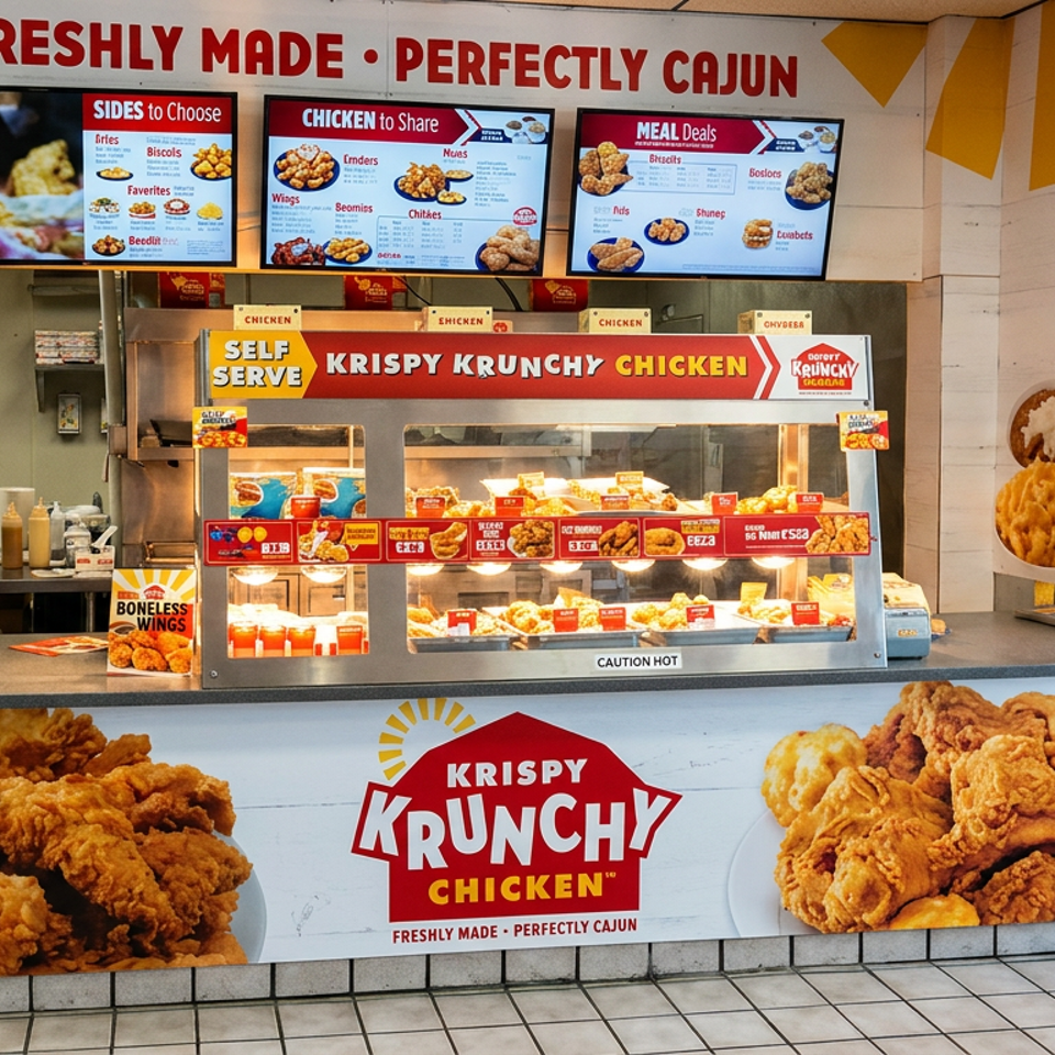 Krispy Krunchy Chicken counter with illuminated displays of fried chicken, wings, sides, and menu boards.