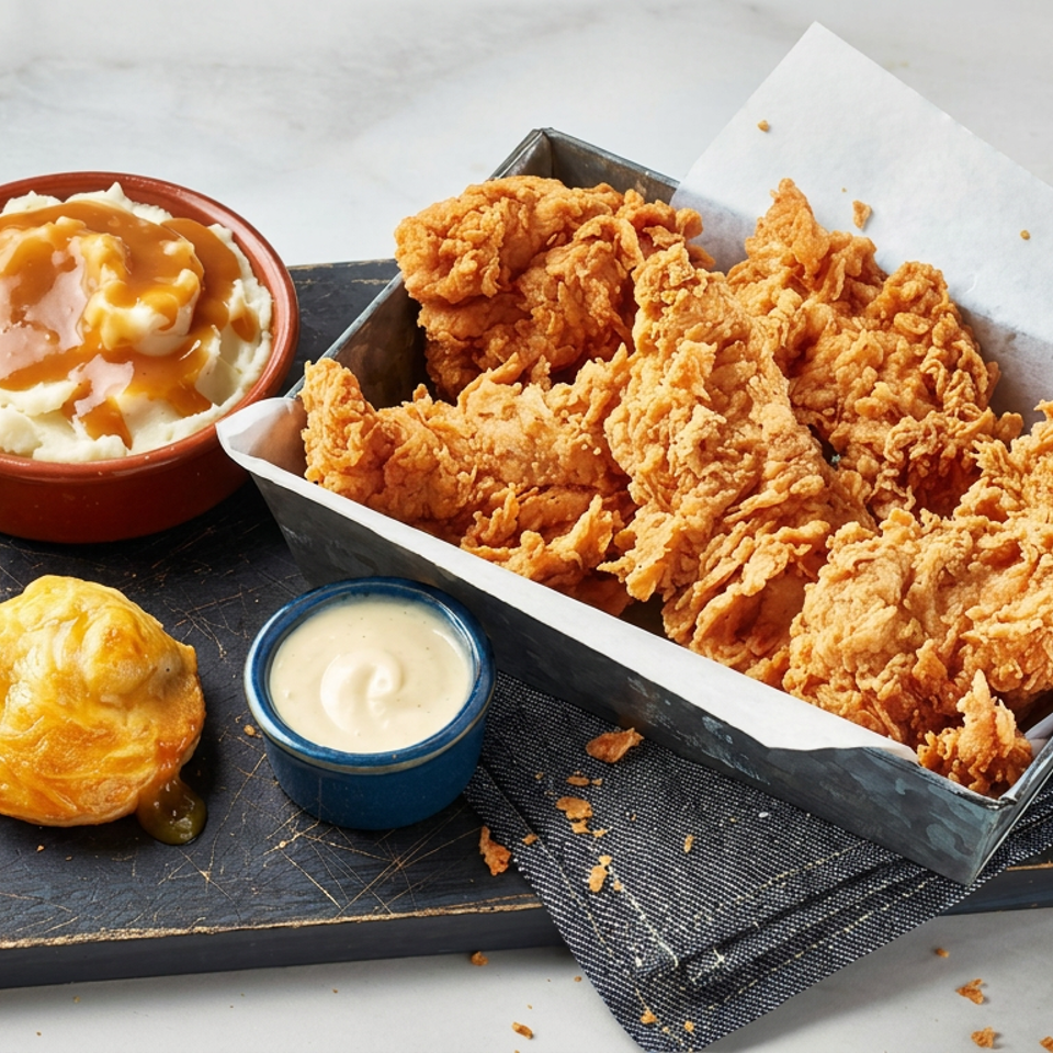 Crispy fried chicken tenders served with mashed potatoes and gravy, a cheesy biscuit, and dipping sauce on a slate board.