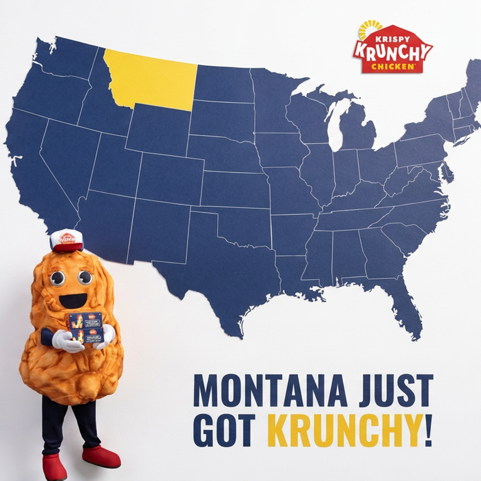 Krispy Krunchy Chicken mascot stands beside a U.S. map highlighting Montana, with text announcing Montana just got krunchy.