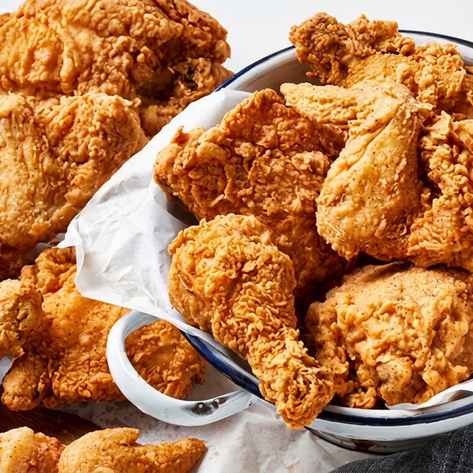 Golden-brown pieces of crispy fried chicken piled in an enamel bowl and on parchment-lined plates.