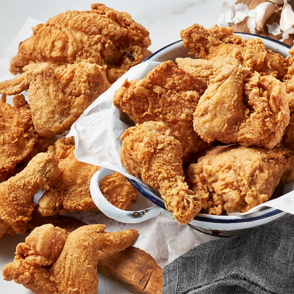 Crispy golden fried chicken pieces piled in a paper-lined bowl and arranged on wooden boards with garlic and peppercorns.