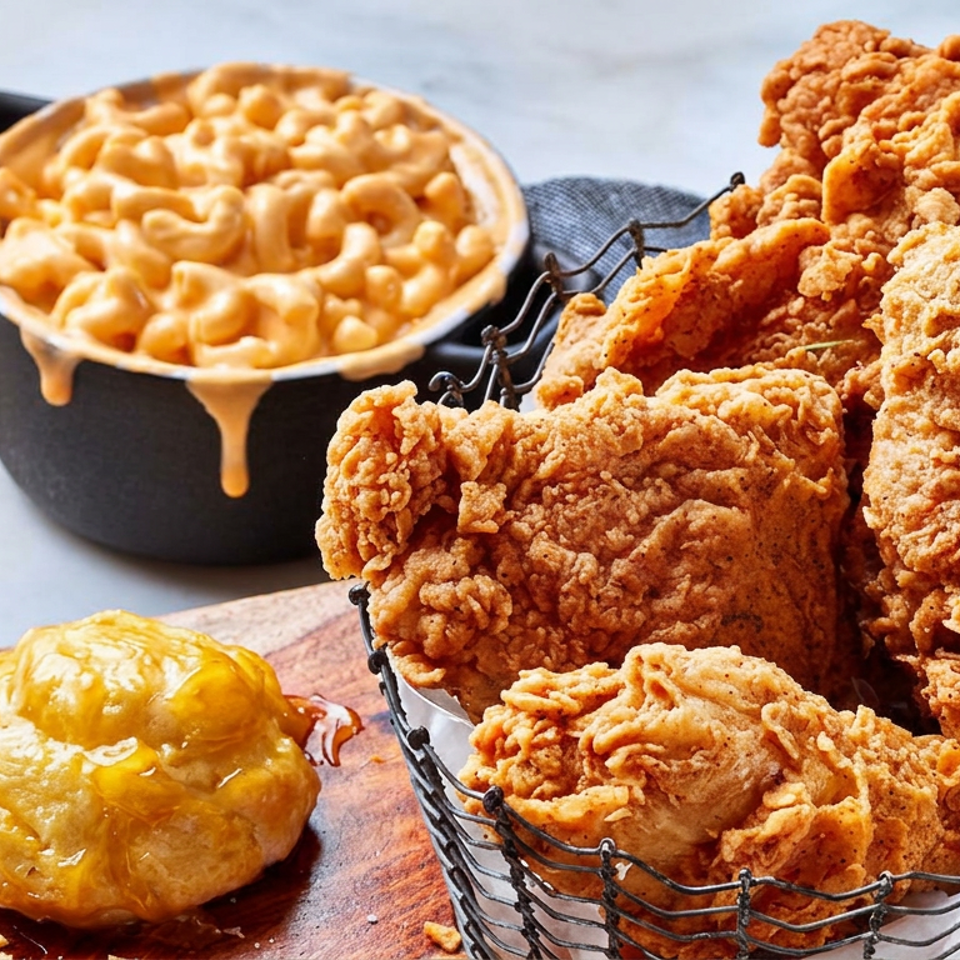 Crispy fried chicken piled in a wire basket beside creamy macaroni and cheese and a cheese-covered biscuit.