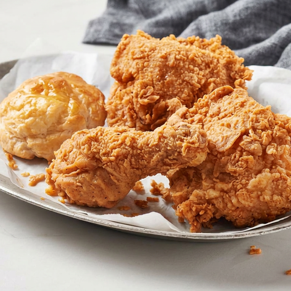 Crispy fried chicken pieces and a glazed biscuit sit on parchment-lined metal plate.
