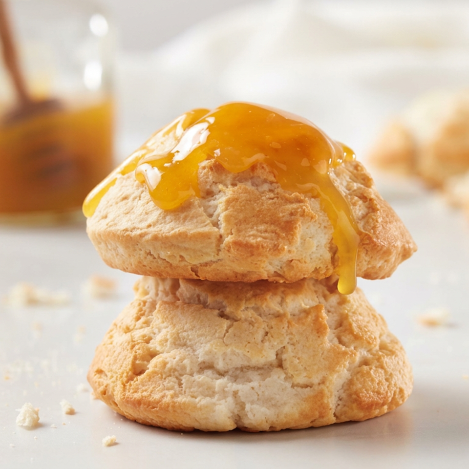 Two golden biscuits stacked with honey dripping over the top, crumbs scattered on a countertop and more biscuits in the background.