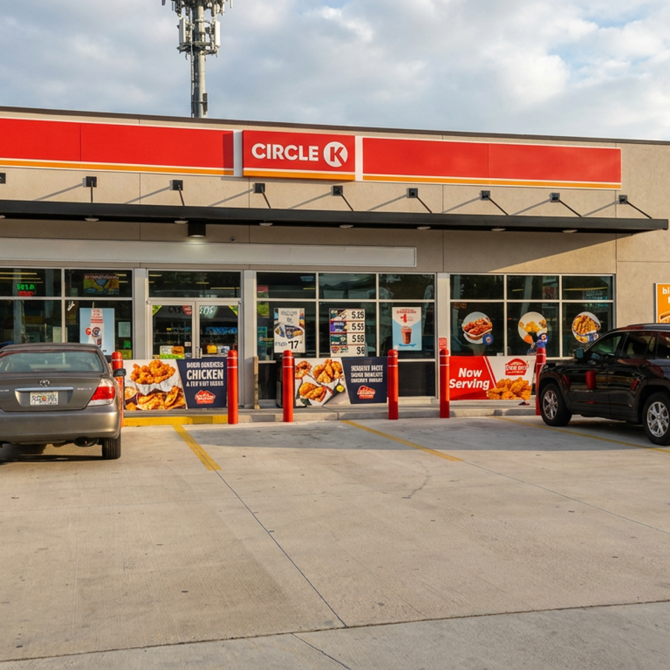 Circle K convenience store exterior with food advertisements, parked cars, red bollards, and a cloudy sky.
