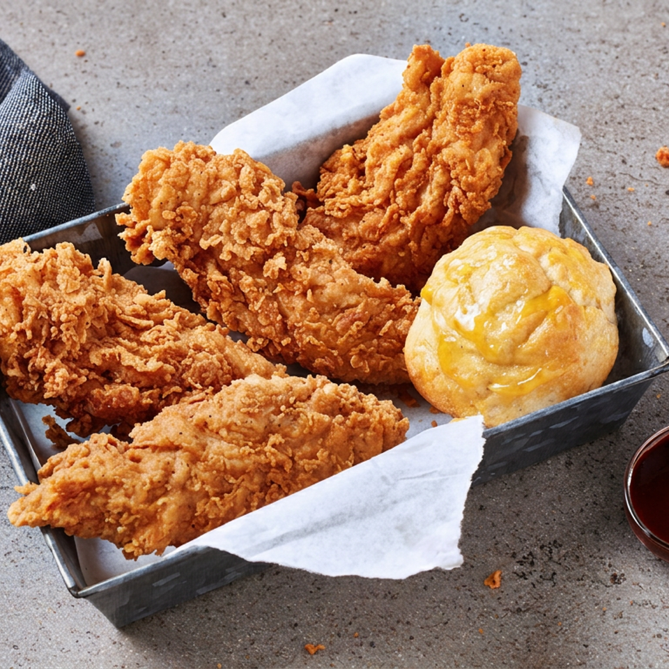Basket of crispy fried chicken tenders with a cheesy biscuit and dipping sauce on a rustic tabletop.