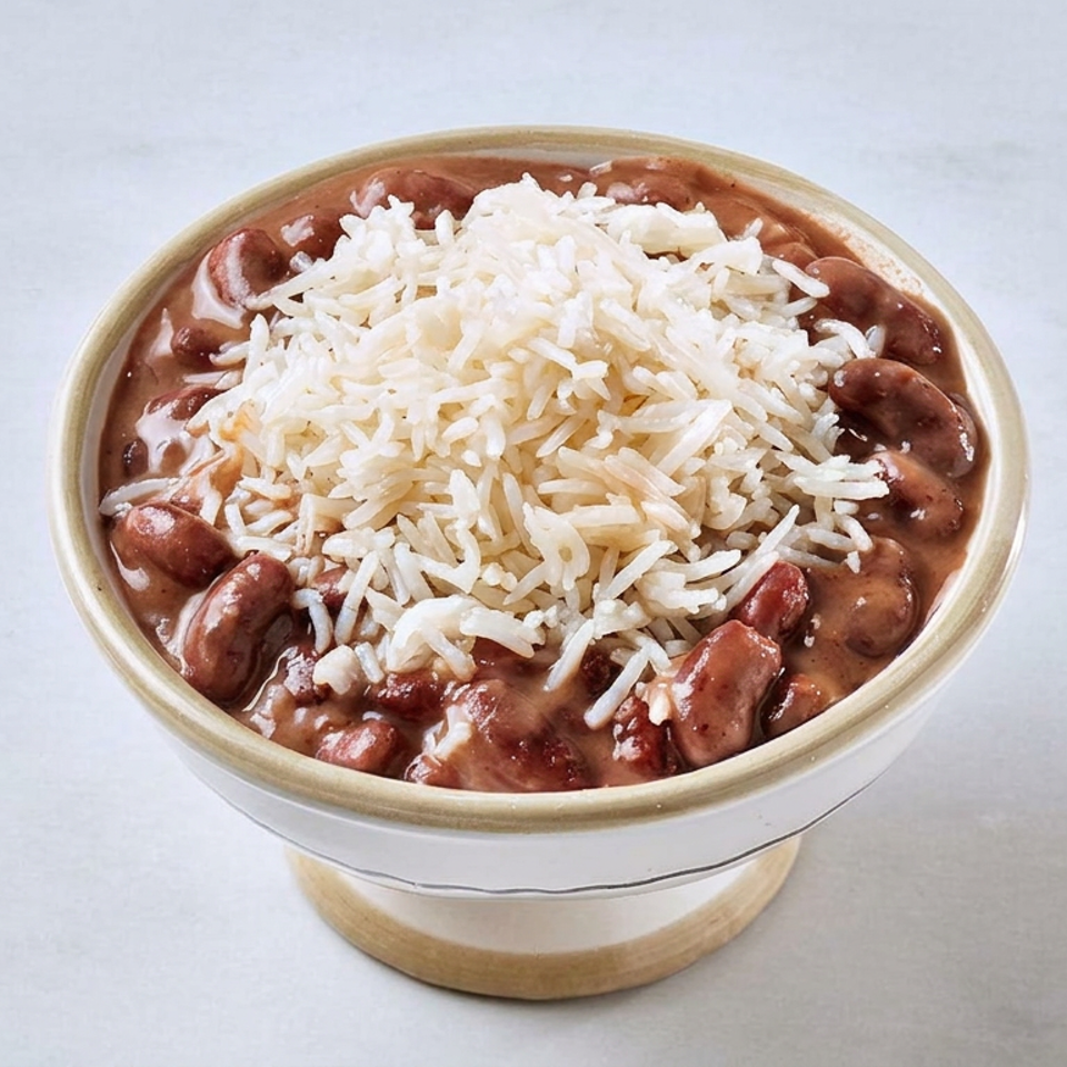 Bowl of red kidney beans in a rich sauce topped with a mound of white rice on a light background.
