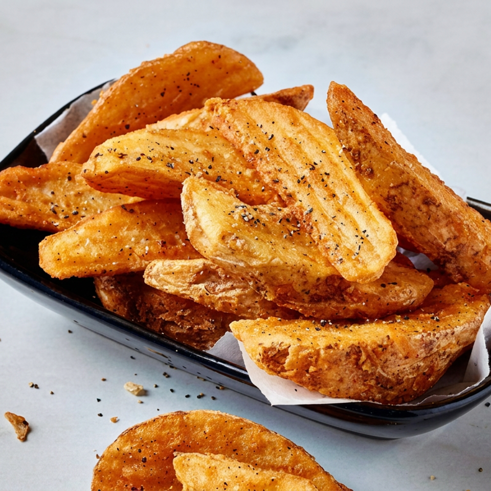 Golden seasoned fried potato wedges piled in a black serving dish, with one wedge resting on the table.
