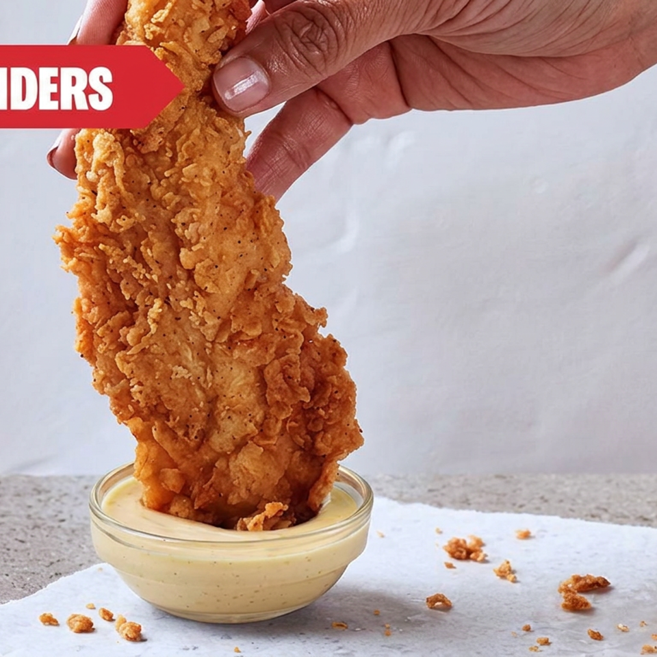 Hand dipping a crispy jumbo chicken tender into creamy dipping sauce over parchment paper.