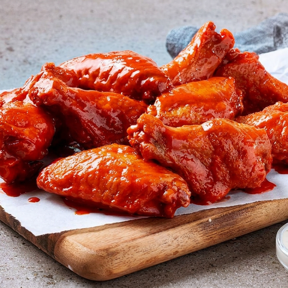 Buffalo chicken wings coated in glossy red sauce on a parchment-lined wooden board with a bowl of creamy dipping sauce.
