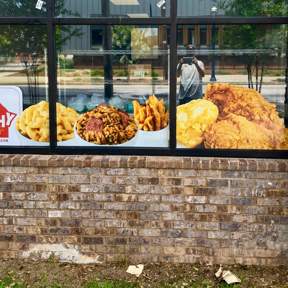 Restaurant window displays Krispy Krunchy Chicken signage alongside fried chicken, macaroni and cheese, seasoned rice, and fries.