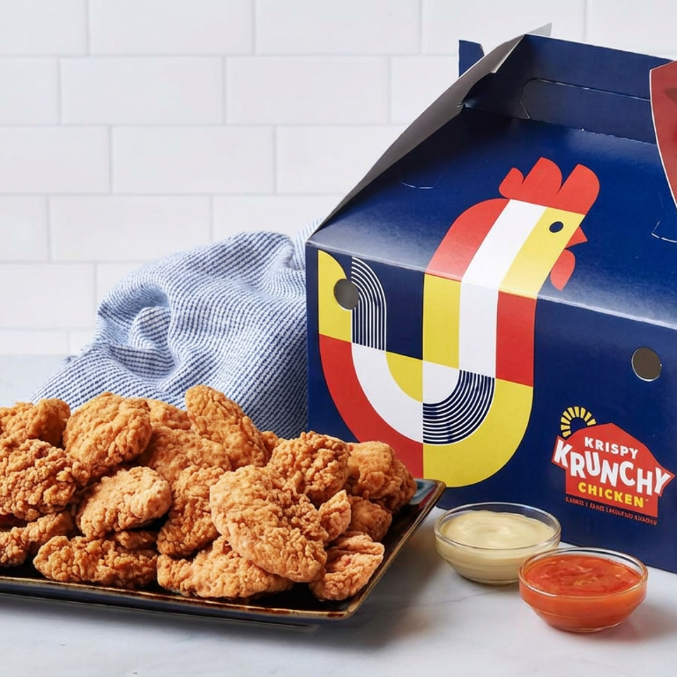 Plate piled with crispy fried chicken pieces, dipping sauces, and a colorful Krispy Krunchy Chicken takeout box.
