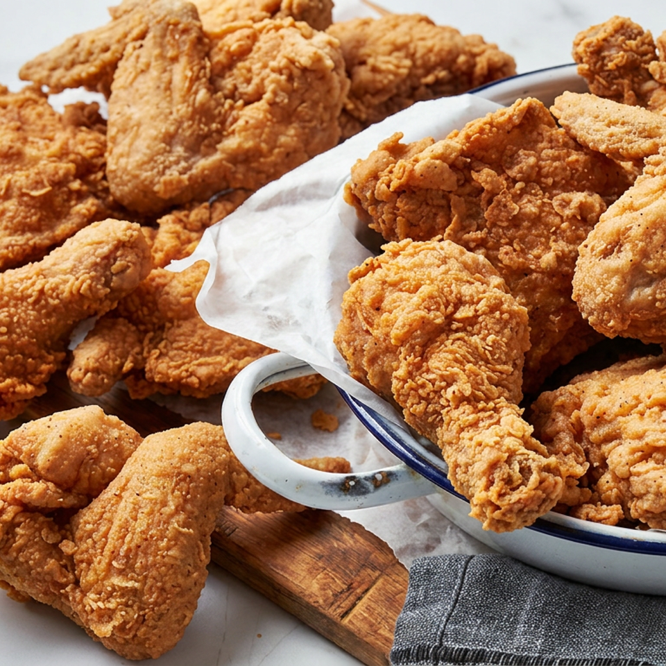 Golden fried chicken pieces piled in a paper-lined enamel bowl and scattered across a wooden board.
