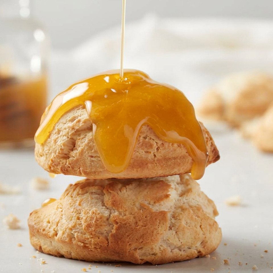 Stacked golden biscuits drizzled with honey, with a honey jar and additional biscuits blurred in the background.