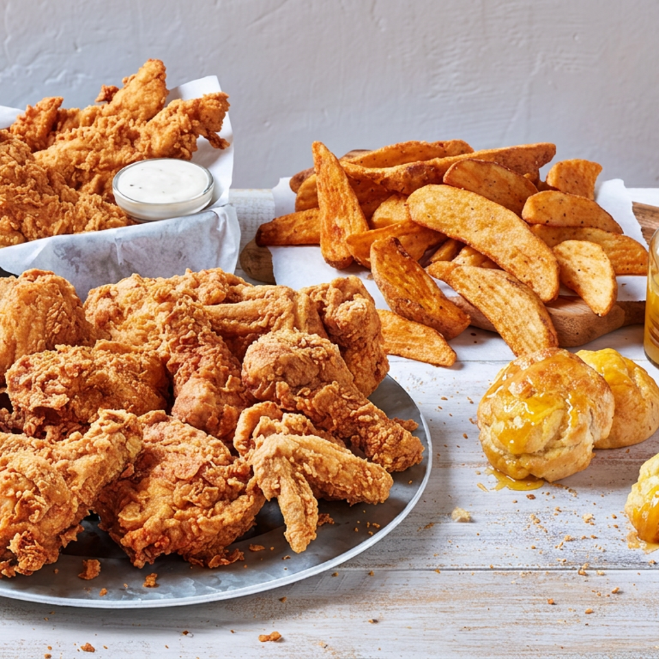 Platters of crispy fried chicken with seasoned fries, dipping sauce, honey jar, and glazed biscuits on a rustic table.