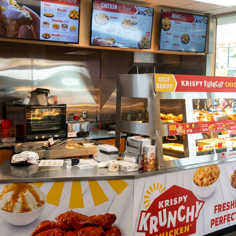 Krispy Krunchy Chicken restaurant counter with menu screens, self-serve fried chicken display, and Cajun food advertising.
