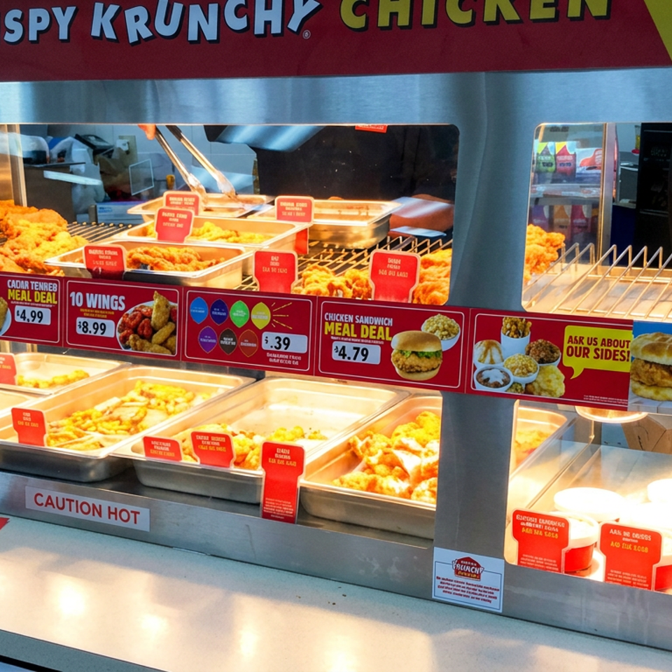 Krispy Krunchy Chicken hot-food counter displaying fried chicken, wings, tenders, sides, sauces, and breakfast sandwiches.