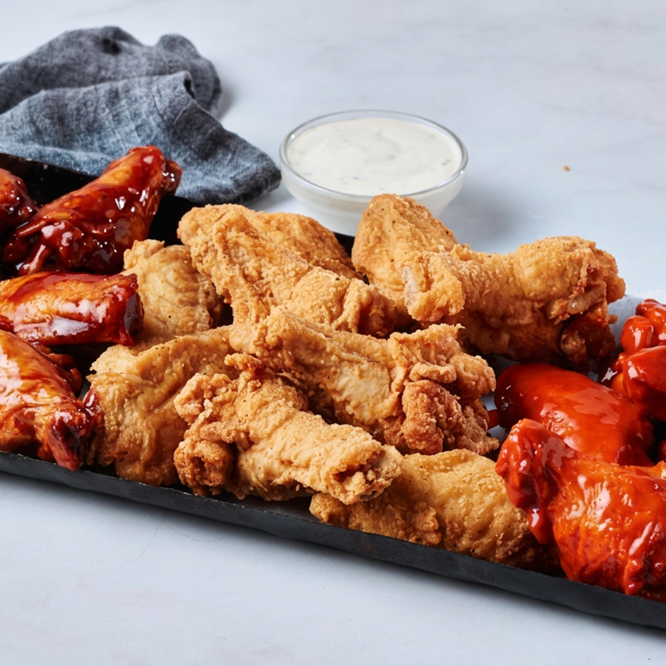 Platter of glazed and fried chicken wings with dipping sauce, arranged on a black tray beside a gray napkin.