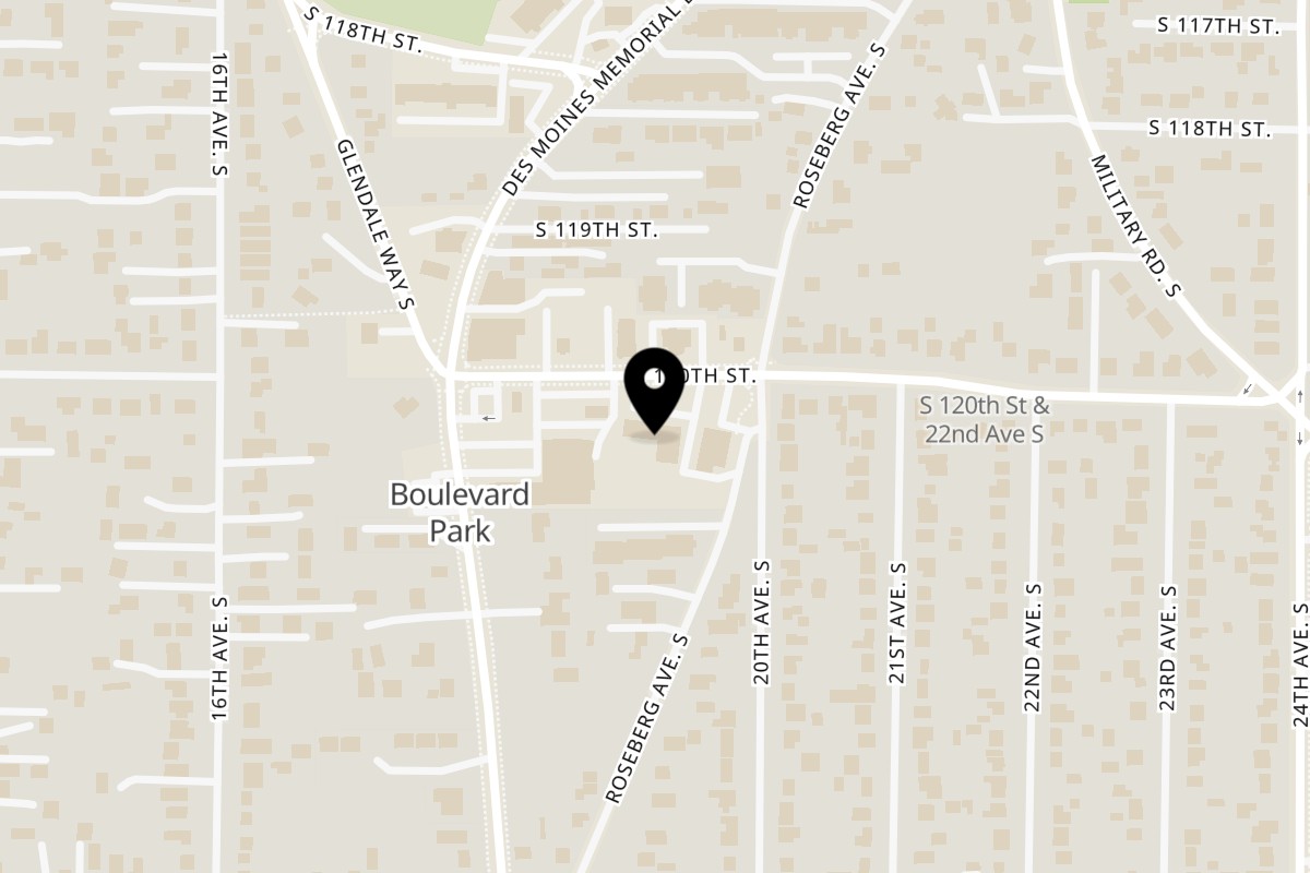 Map showing the location of Krispy Krunchy Chicken S 120th St on 1847 S 120th St in Seattle